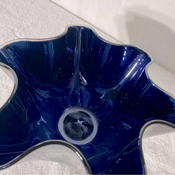 Handblown Ripple Edge Blue Black Glass Opal Cut Glass Handkerchief Vase Bowl - Picture 8 of 15